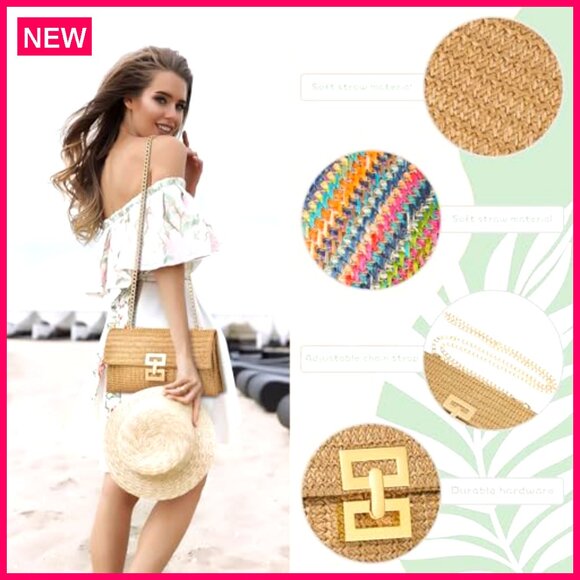 Straw Clutch Evening Bag with Adjustable Chain Strap for Summer Events